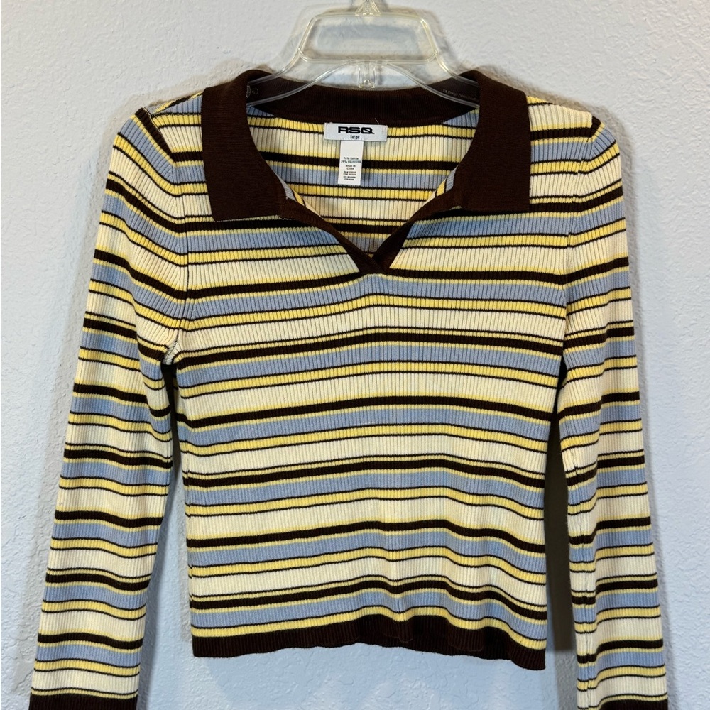 RSQ Women's Long Sleeve Striped Top - Yellow, Brown, and beige‎ crop stretch